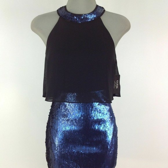 GUESS NWT Exquisite BLACK/COBALT BLUE Sequin Halter Cocktail Dress size 0 - Picture 5 of 6